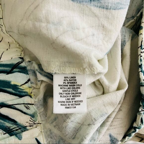 Cream green palm leaf tropical linen wide leg high waisted cropped pants large - Picture 9 of 9